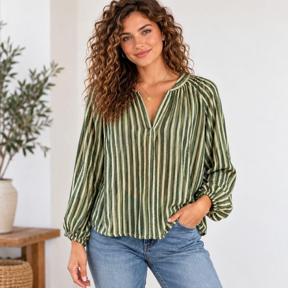 J Crew green white striped linen button up shirt XS
